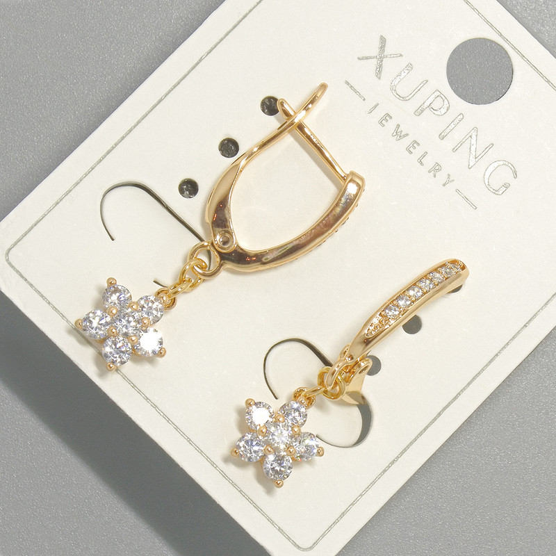 Earrings "Flower" Xuping with White Crystals, 8mm diameter, 29mm length, 18K Gold Plating