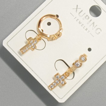 Earrings "Cross" Xuping with white crystals, diameter 6×11 mm +-, length 22 mm 18K gold plating