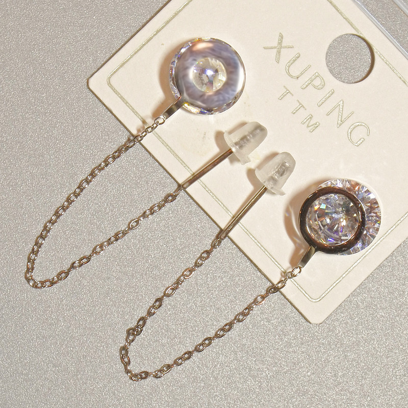 Xuping Earrings with White Crystal, 9mm diameter +-, length 60mm+- Rhodium plated