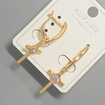 Earrings 'Cross' Xuping with White Crystal, 11.5×21 mm ±, length 37.5 mm ±, 18K Gold Plating