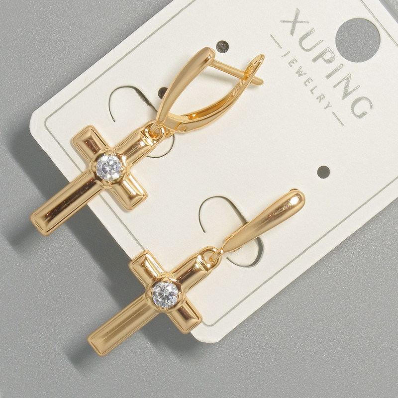 Earrings 'Cross' Xuping with White Crystal, diameter 13×22 mm ±, length 34.5 mm ±, 18K gold plated