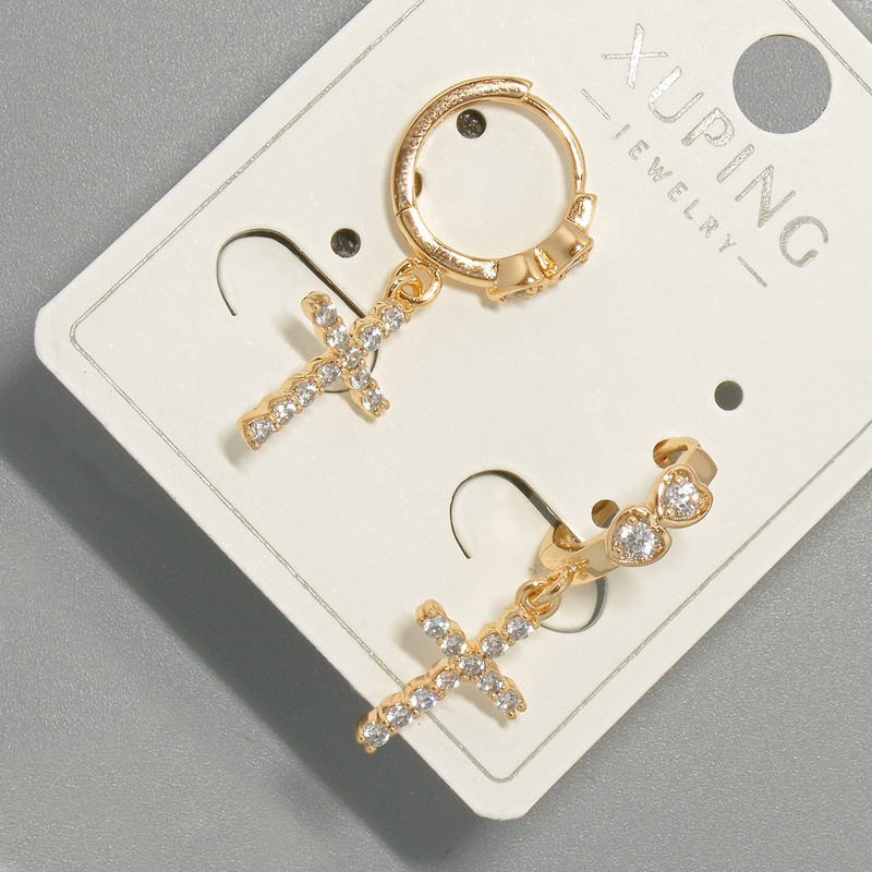 Earrings 'Cross' Xuping with White Crystals, 9x14 mm +/-, length 26 mm +/-, 18K Gold Plating