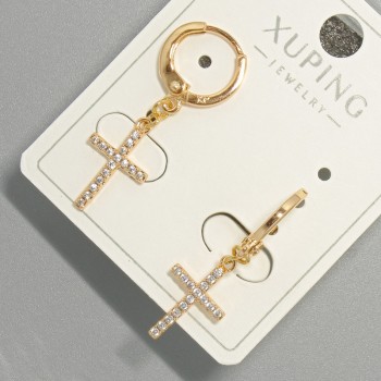 Earrings 'Cross' Xuping with white rhinestones, diameter 9×15 mm, length 30 mm, 18K gold plating