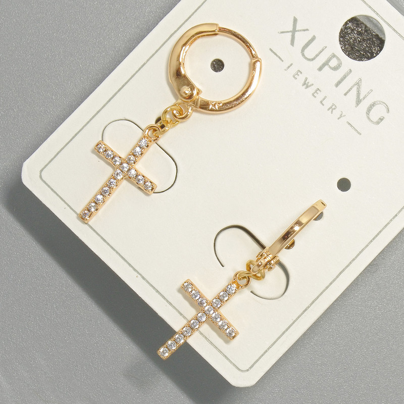 Earrings 'Cross' Xuping with white rhinestones, diameter 9×15 mm, length 30 mm, 18K gold plating