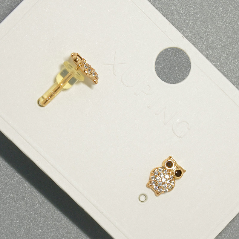 Stud Earrings "Owl" Xuping with White and Black Rhinestones, 6.5×9 mm ±, 18K Gold Plated