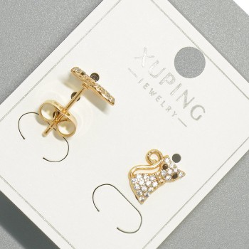 Earrings, Studs "Kitten" Xuping with White and Black Rhinestones, diameter 7×10.5 mm±, 18K Gold Plating