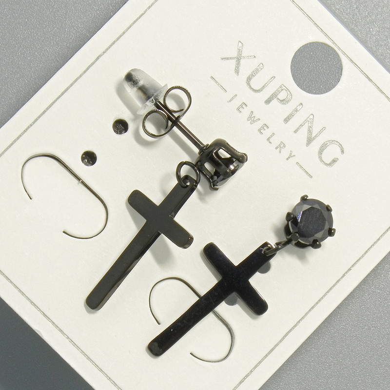 Stud Earrings "Cross" Xuping black with black crystal, diameter 10x18mm, length 24.5mm+