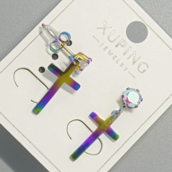 Stud Earrings "Cross" Xuping with petrol/burnt gold hue and pink crystal, diameter 10×18 mm, length 24.5 mm
