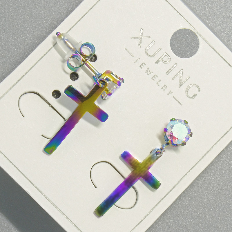 Stud Earrings "Cross" Xuping with petrol/burnt gold hue and pink crystal, diameter 10×18 mm, length 24.5 mm