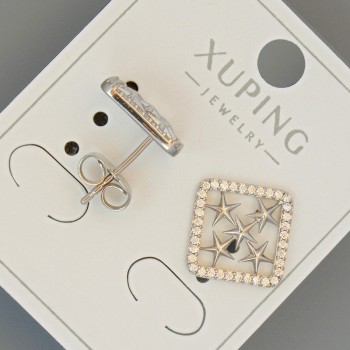 Stud Earrings "Stars" Xuping with White Rhinestones, 12mm Diameter, Rhodium Plated