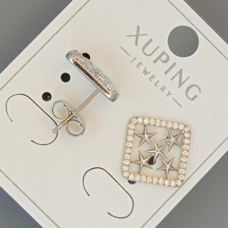 Stud Earrings "Stars" Xuping with White Rhinestones, 12mm Diameter, Rhodium Plated