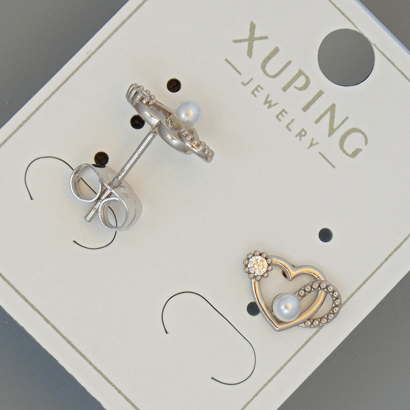 Earrings, Studs "Heart" Xuping with a white crystal and bead, diameter 11×7 mm rhodium-plated