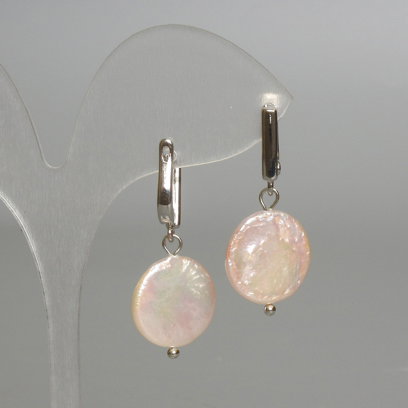 Baroque Earrings with Bacon-tinged Pearls, 16mm diameter + -, 34mm length + - European clasp