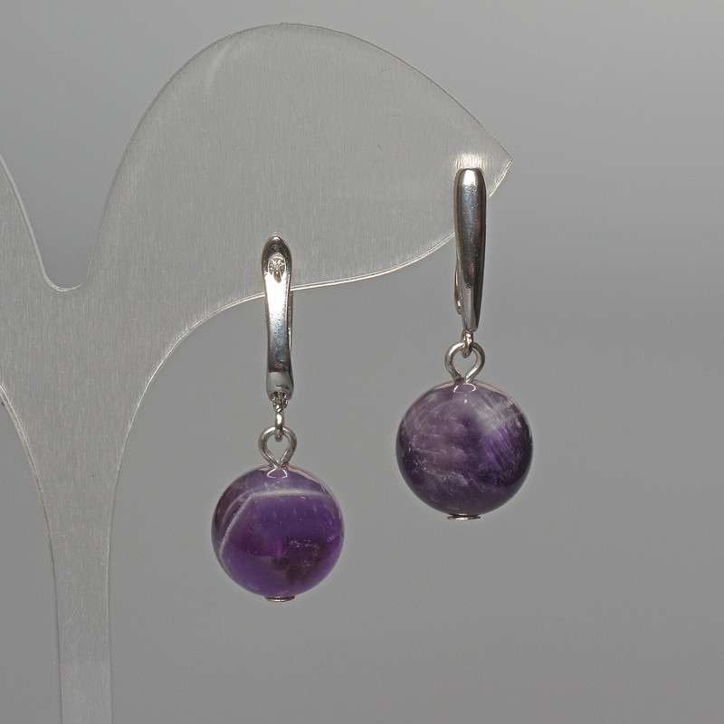 Amethyst Earrings with Natural Stone Smooth Bead, diameter 12mm±, length 32mm±, English clasp