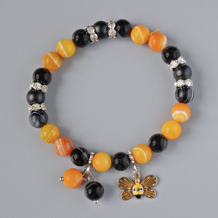 Bracelet with Shungite and Black and Orange Agate, smooth beads, 8mm diameter, length 18cm, elastic (stretch) with metal inlays and rhinestones