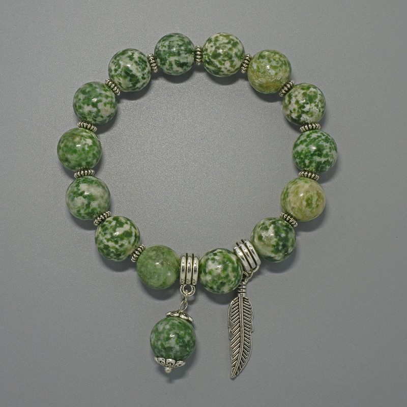 Bracelet Mossy Agate (loose) smooth bead, diameter 12.5mm ±, length 18cm ± (stretch) with metal insets