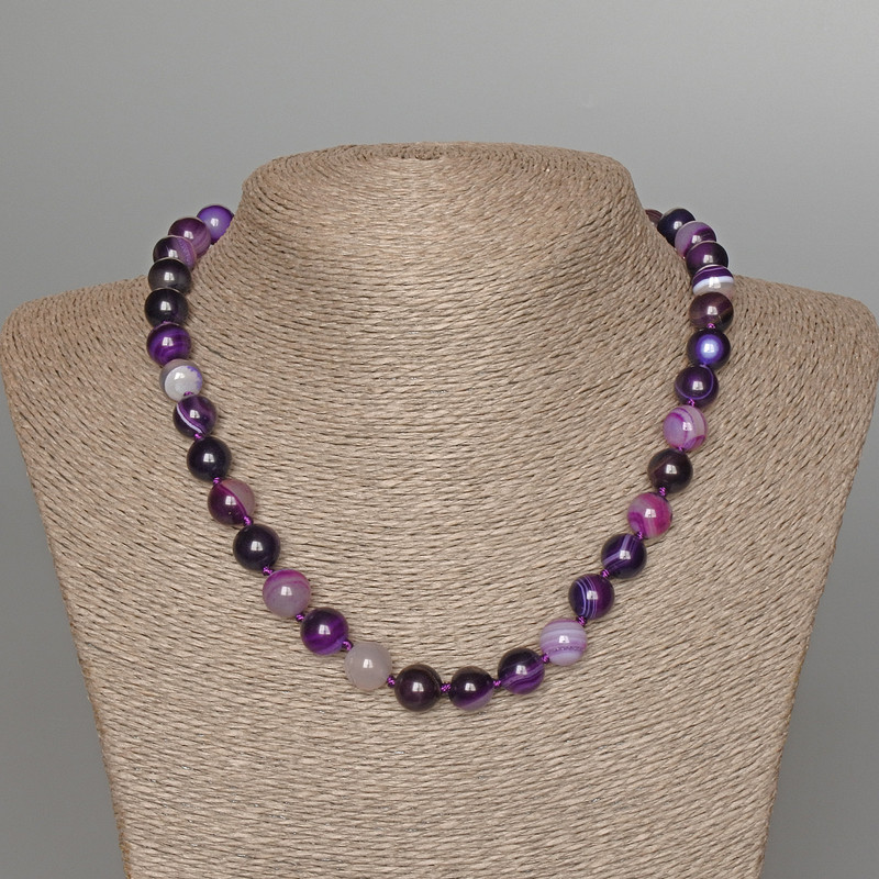 Purple Agate Necklace, natural stone, smooth bead, diameter 10mm, length 47cm