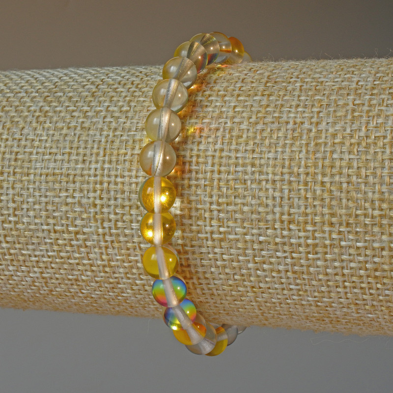 Opal Glass Bracelet Yellow Chameleon Smooth Bead, 6.5mm Diameter, Length 18cm, Stretch