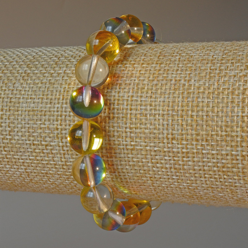 Bracelet Opal Glass Yellow Chameleon smooth bead, diameter 10.5mm±, length 18cm± (stretch)