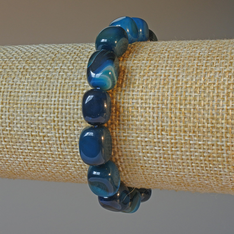 Blue Agate Bracelet natural stone straight bar, 9x12mm, length 18cm, stretch