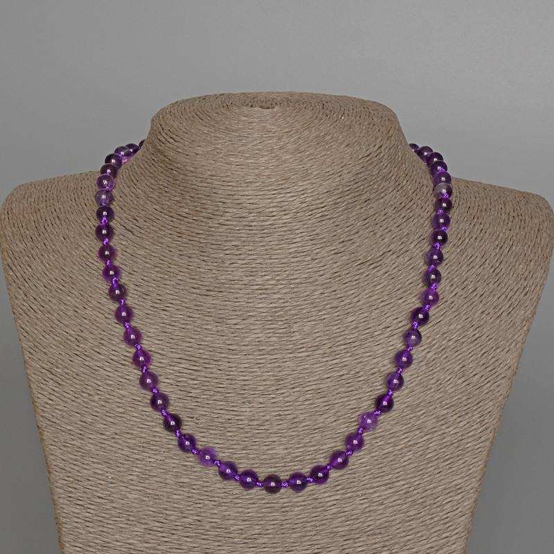 Amethyst Necklace, natural stone, smooth round beads, 6.5mm diameter, length 48cm
