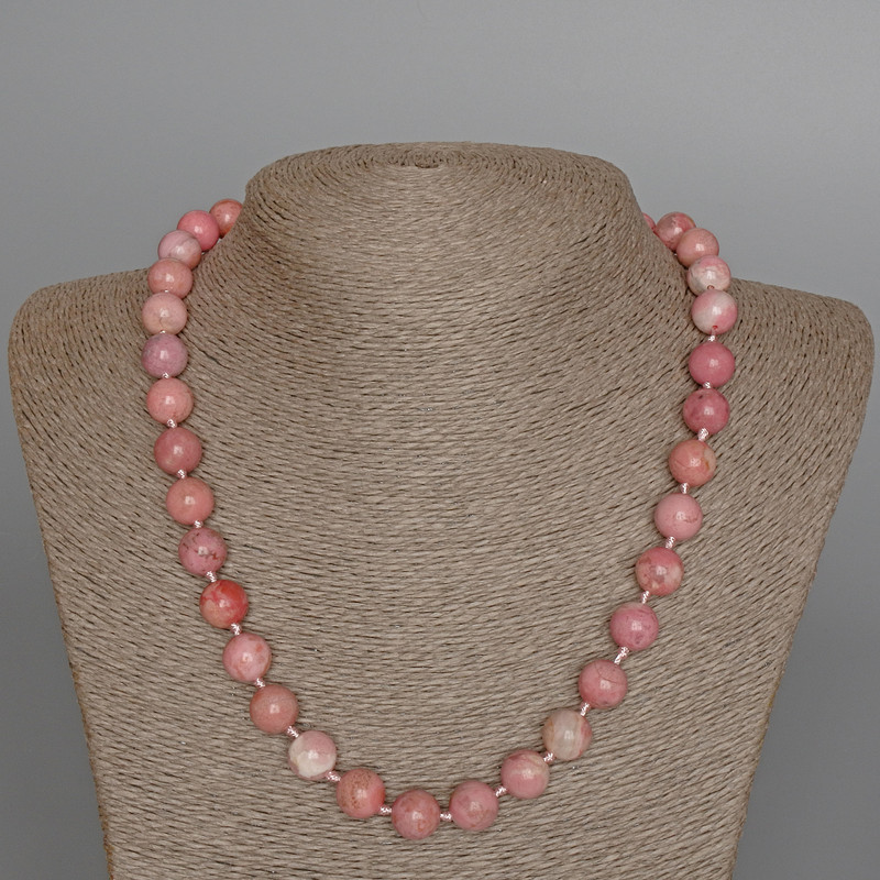 Rhodonite Natural Stone Bead Necklace, smooth round beads Ø ~10.5 mm, length 51 cm