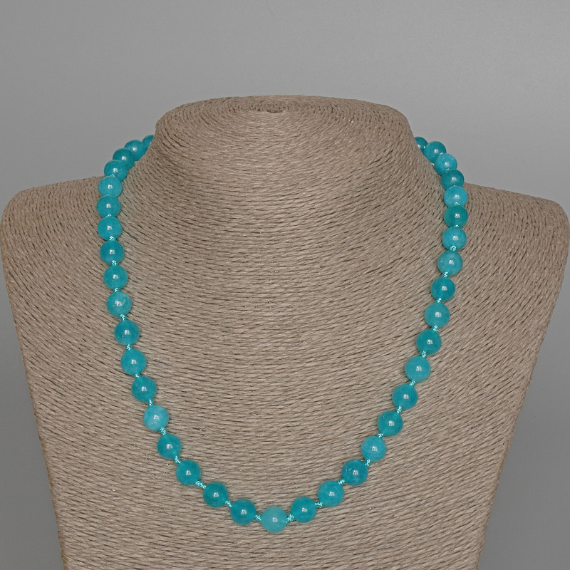 Aquamarine Necklace Natural Stone Smooth Bead, 8mm Diameter ±, Length 49cm ±