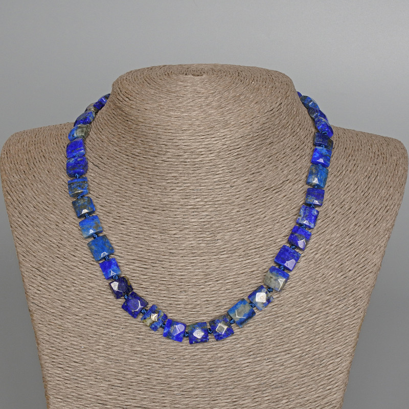 Lapis Lazuli Necklace with Flat Faceted Squares, natural stone, 9.5x5 mm squares, 45 cm length
