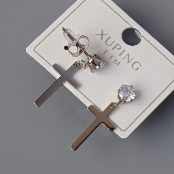 Stud Earrings "Cross" Xuping with White Crystal, 10x18mm, length 24.5mm± Rhodium plated