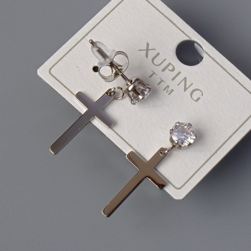 Stud Earrings "Cross" Xuping with White Crystal, 10x18mm, length 24.5mm± Rhodium plated