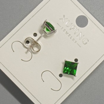 Earrings, Xuping Studs with Green Crystal, 6 mm± diameter, Rhodium plated