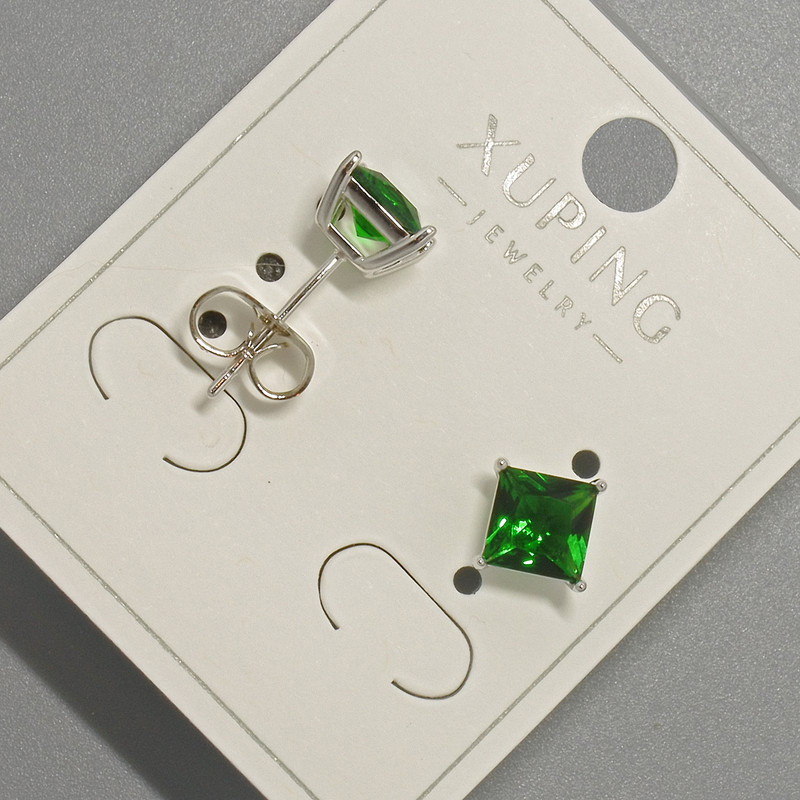 Earrings, Xuping Studs with Green Crystal, 6 mm± diameter, Rhodium plated