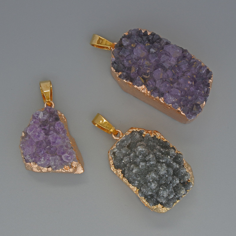 Amethyst Pendant Druze Geode in Golden Setting, 19x27mm assorted diameter+, length 35mm+