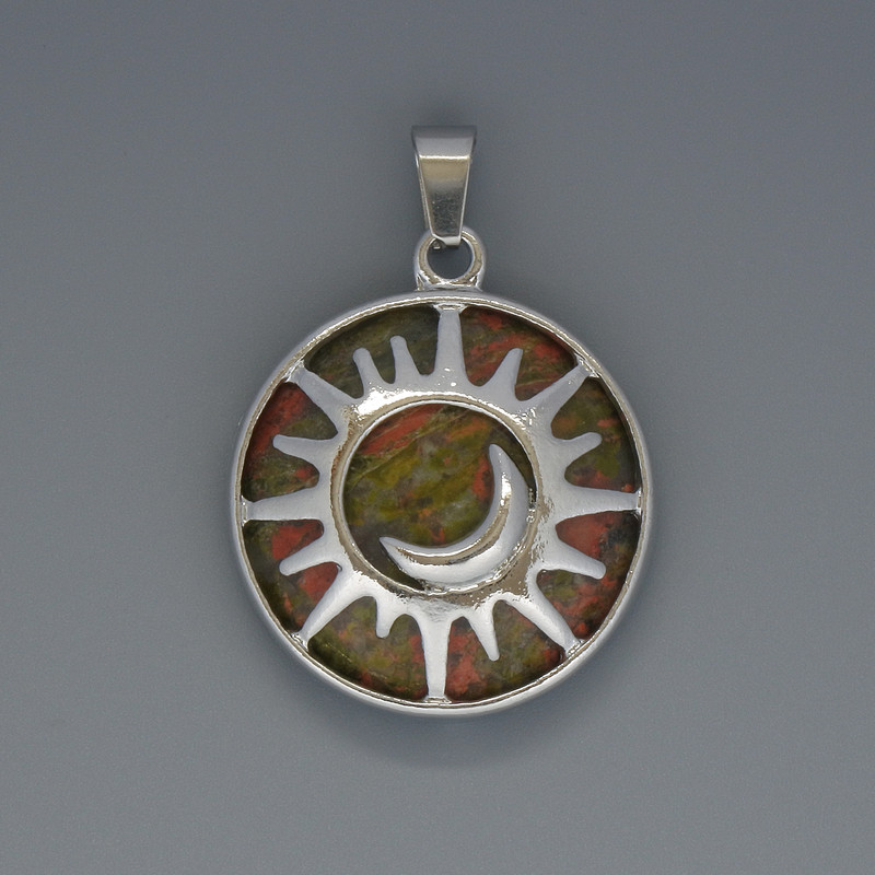 Pendant Sun Jasper Heliodor, diameter 27mm±, length 37mm± in a silver-plated setting