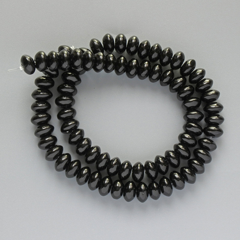 Black Agate Beads, Smooth Rondelle, 8x5mm diameter, 37cm length on fishing line