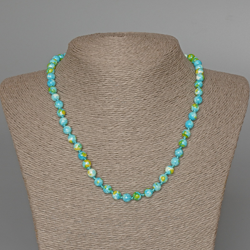 Necklace “Variscite” (plastic/acrylic, individual) blue, white and yellow colors, smooth beads, diameter 6.5 mm±, length 48 cm±