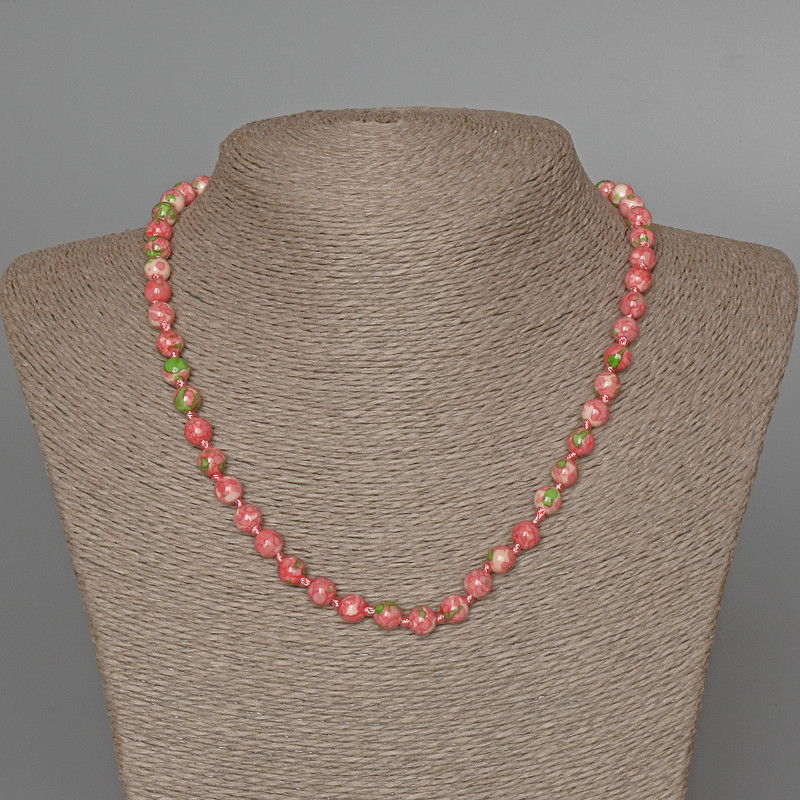 Necklace Beads “Variscite” (plastic acrylic) pink, white and green colors, smooth sphere, diameter 6.5 mm±, length 48 cm±