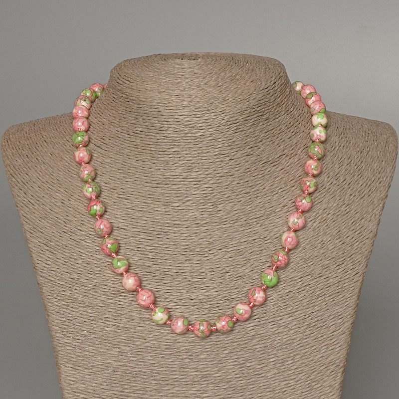 Necklace 'Variscite' (plastic acrylic) pink, white and green colors, smooth bead, diameter 8.5 mm ±, length 48 cm ±