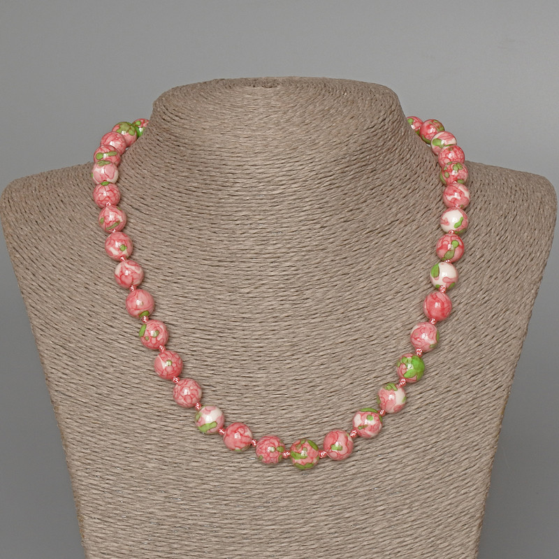 Necklace with Variscite (artificial acrylic beads) pink, white, and green, smooth beads, 10mm diameter, length 49cm