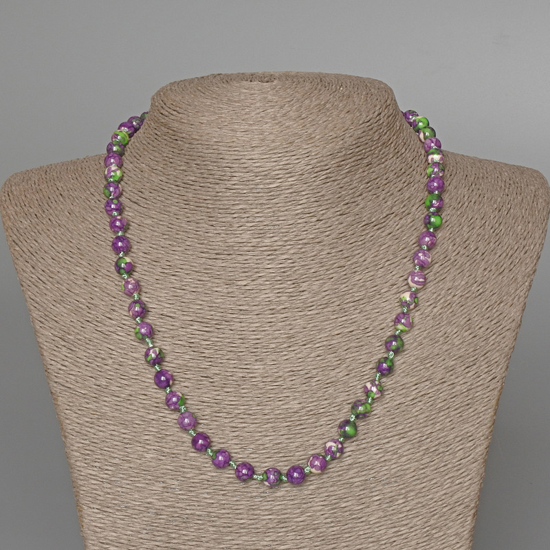 Necklace with Variscite (imitation acrylic) purple, white and green colors, smooth bead, diameter 6.5 mm±, length 47 cm±