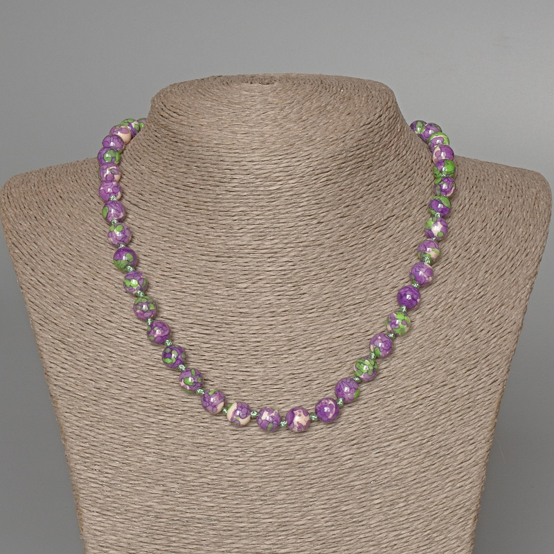 Necklace Variscite (artificial acrylic) purple, white and green colors, smooth bead, diameter 8.5 mm, length 47 cm