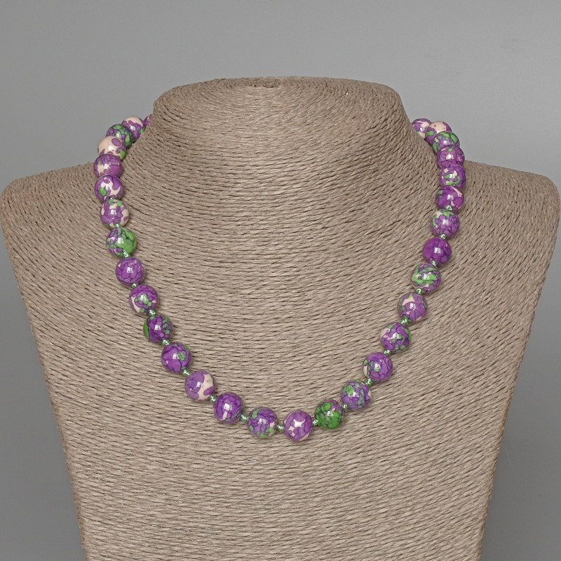 Necklace 'Variscite' (plastic acrylic) purple, white and green colors, smooth bead, diameter 10.5 mm ±, length 47 cm ±