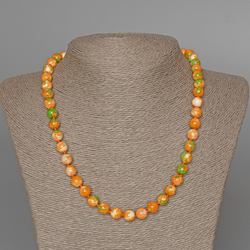Necklace 'Variscite' (plastic acrylic) green, orange, and white colors, smooth beads, diameter 8.5mm ±, length 47cm ±