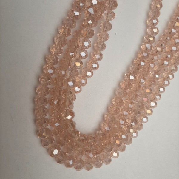 Beads Czech Crystal Light Pink Transparent Faceted Rondelle with Benzin Tinge, 8x6mm ±, Length 39mm ± on beading thread