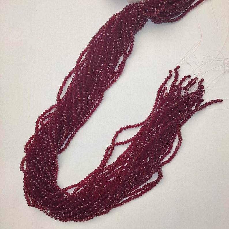 Czech Crystal Beads - Garnet Red Transparent Faceted Rondelle, 3x2.5mm+, 38mm+ length on a thread