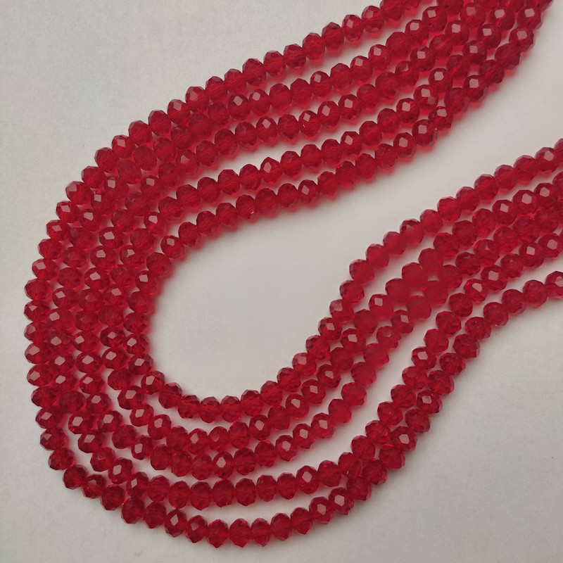 Czech Crystal Glass Beads Red Transparent Faceted Rondelle, 6x5 mm, 37 mm long on thread