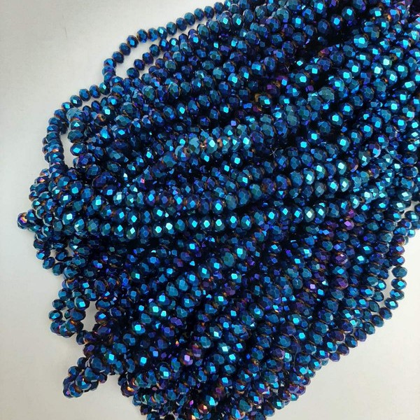 Czech Crystal Beads, blue with a petrol tint, faceted rondel, 6×4.5 mm, 38 mm long on a beading thread