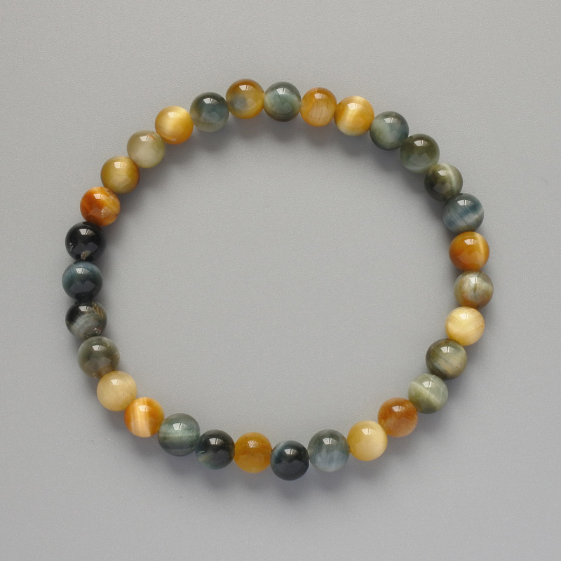 Bracelet Yellow-Gray Cat's Eye Natural Stone Smooth Bead, diameter 6.5mm, length 18cm, (stretch)