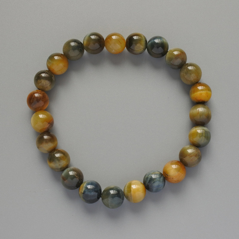 Bracelet Yellow-Grey Cat's Eye Natural Stone Smooth Bead, diameter 8mm, length 18cm, stretch
