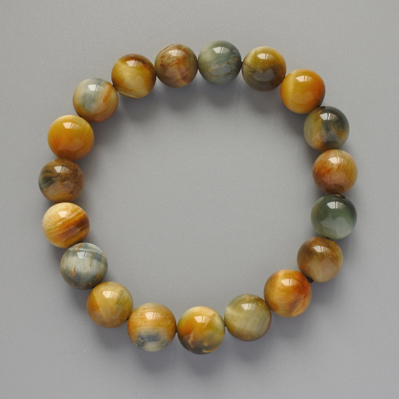 Bracelet Yellow-Gray Cat's Eye Natural Stone Smooth Beads, diameter 10.5mm ±, length 18cm ± (stretch)